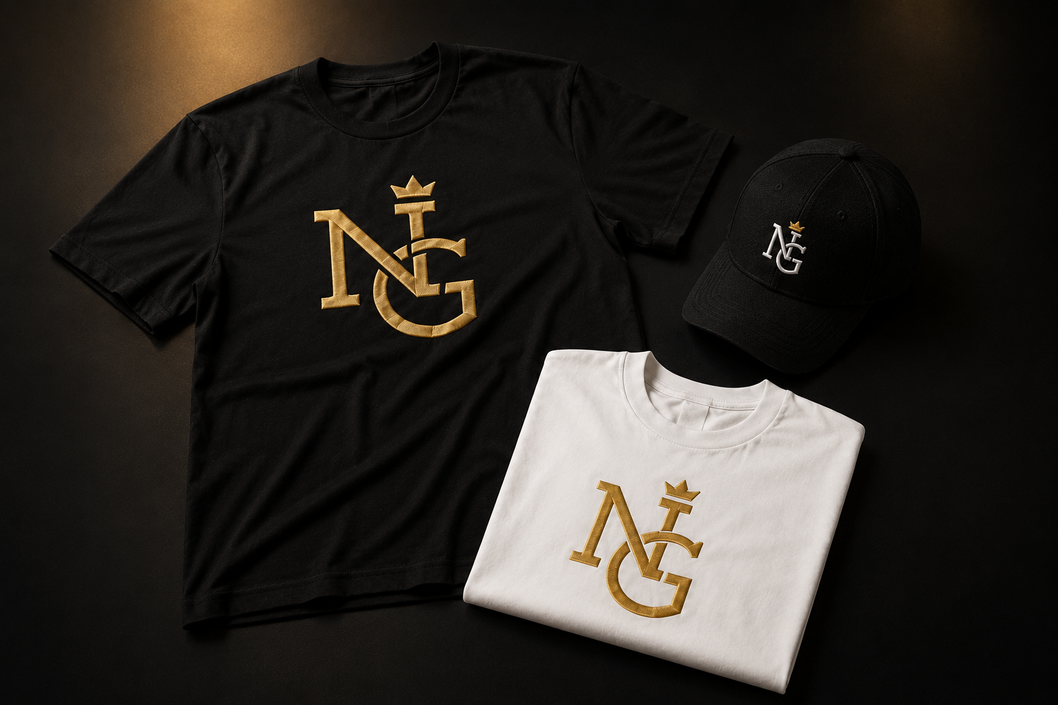 NG Slot merchandise collection: black and white tees and a black cap with gold embroidered NG logo